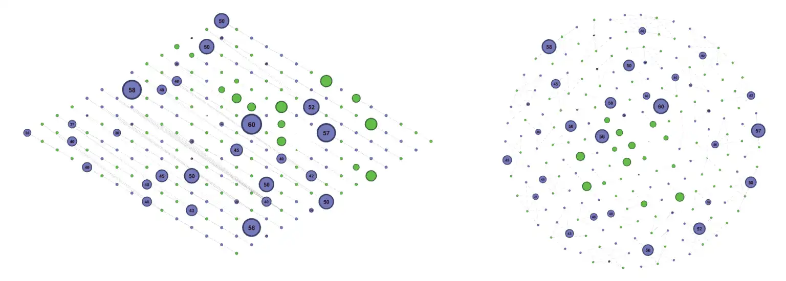 Visualizzazione dell'età. Isometrica a sinistra e Fruchterman Reingold a destra.